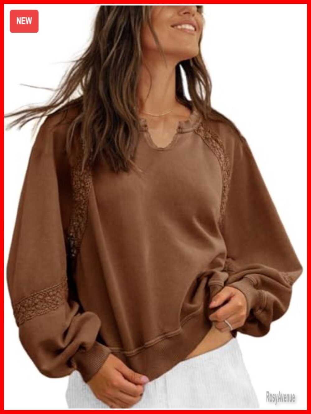 Oversized Cropped V Neck Lace Sweatshirt with Lantern Sleeves